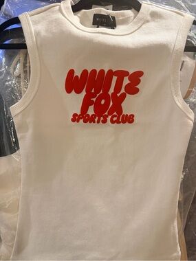 White Fox Boutique White Ribbed Tank with Red "White Fox Sports Club" Logo